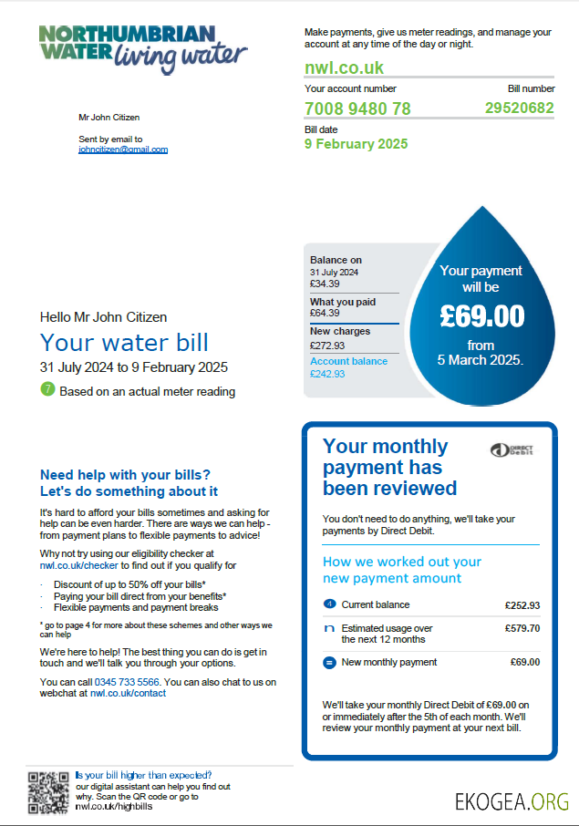 United Kingdom Northumbrian Water utility bill template in Word and PDF formats, version 2